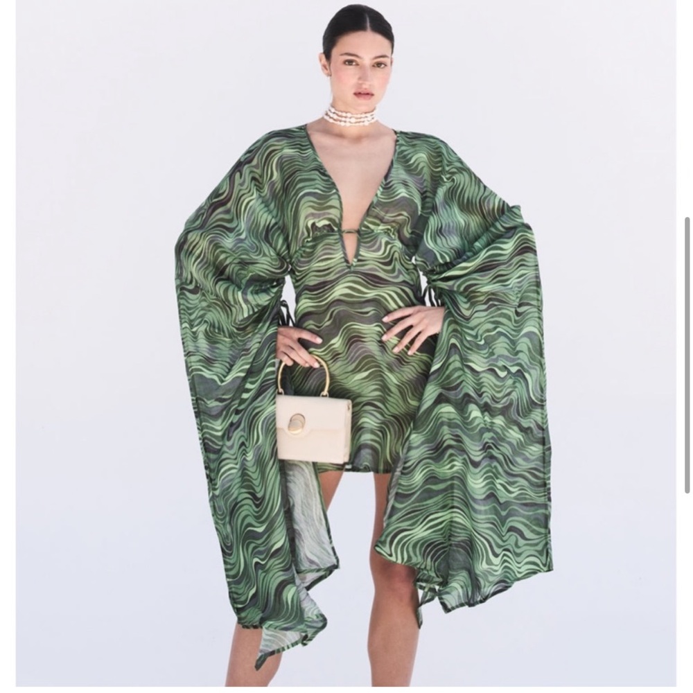 CULT GAIA Bruna Coverup Linen Silk Saltation Basil Green Print XSmall XS NWT